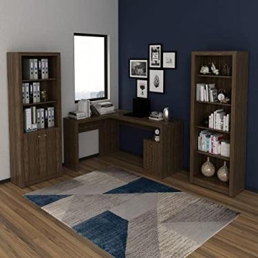 Imagem de Conjunto Home Office 3 Peças 1 Mesa para Escritório em L com 2 Estantes Tecno Mobili Nogal