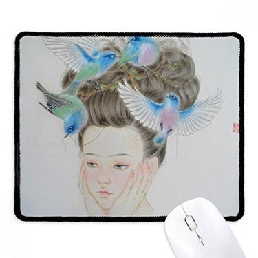 Imagem de Mousepad Pretty Girl Blue Bird pintura chinesa borda costurada tapete de borracha para jogos