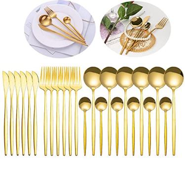 Imagem de Conjunto de talheres espelho de ouro 24 unidades conjunto de talheres de aço inoxidável, garfo, conjunto de talheres para colher de café