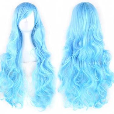 Imagem de IMISSU Peruca cosplay de cabelo natural cacheado longo com franjas coloridas fantasia de Halloween perucas de festa (Céu azul)