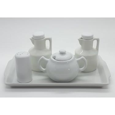 Imagem de Kit Cozinha - Bandeja + Saleiro Mesa + kit 2 Galheteiros + Açucareiro Chaleira - Porcelana Branca e Bege