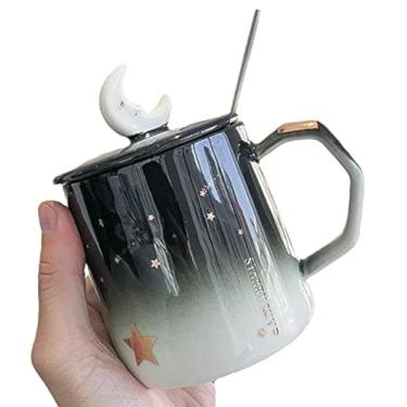 Imagem de seelucky Caneca de lua com tampa de colher estrela xícara de café de cerâmica copo de leite presente escritório casa (lua estrela, 400 ml)
