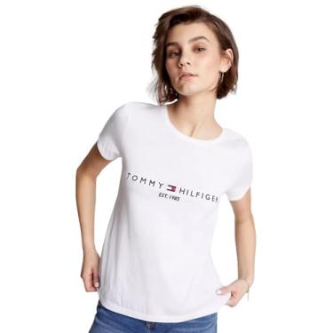 Imagem de Tommy Hilfiger Camiseta feminina de algodão de desempenho – Camisetas estampadas leves, (Nova coleção bordada) branco óptico., G