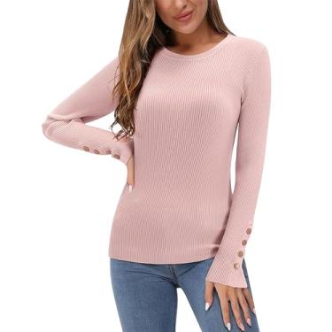 Imagem de Camisetas femininas 2023 gola rolê manga longa outono básico suéter fino canelado suéter preto para mulheres na moda, rosa, P
