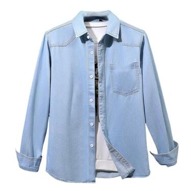 Imagem de Camisa jeans masculina de manga comprida, ajuste solto, cor gradiente, gola aberta, bainha reta, Azul claro, XXG