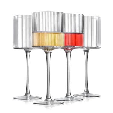 Imagem de INSETLAN Conjunto de 4 taças de vinho quadradas, design elegante com nervuras, 354 g, haste longa, formato moderno exclusivo - taça de vinho premium soprada à mão, para festa de bar de vinho tinto e