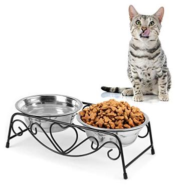 Imagem de Tigela para animais de estimação, tigela dupla para água e cães de aço inoxidável, alimentador elevado para animais de estimação, com suporte antiderrapante para cães pequenos, gatos, filhotes e gatos
