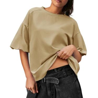 Imagem de Imily Bela Camisetas femininas grandes de manga bufante, casual, verão, caimento solto, camisetas de algodão, Caqui, M