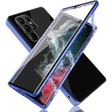 Imagem de Petokix Capa de celular, capa para Samsung Galaxy S23Ultra S23Plus 23, capa de telefone de vidro temperado dupla face magnética evita espiar, tela de privacidade suporta carregador sem fio (azul, S23
