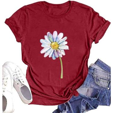 Imagem de Camisetas femininas de verão com estampa floral casual 2024 de manga curta e ajuste solto, #09-vinho, P