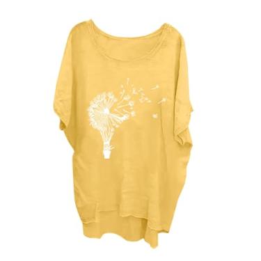 Imagem de Camisa feminina casual de linho cor sólida blusas leves estampa floral camiseta manga curta ajuste solto tops macios, Amarelo, 5G