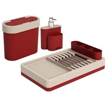 Imagem de Kit Pia Flat, 3 Peças, Escorredor, Dispenser e Lixeira, Vermelho Bold e Light Gray, Coza