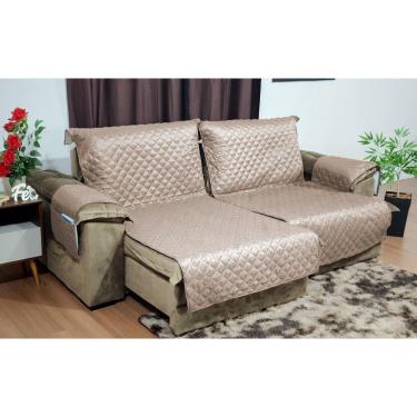 Imagem de Kit Sala Bege 1 Capa Sofá Retrátil + Cortina + 1 Tapete