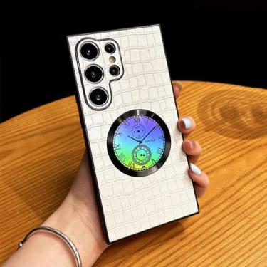 Imagem de Capa de telefone magnética de couro com relógio a laser brilhante para Samsung S24 Plus S22 S23 Ultra Luxury Crocodilo Padrão Capas, Branco, para Samsung S24