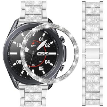 Imagem de DEALELE Pulseiras compatíveis com Samsung Galaxy Watch 3 (45 mm), pulseira de metal inoxidável de diamante com textura S de 22 mm com moldura de substituição para mulheres e homens (prata)