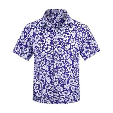 Imagem de KazzSail Camisa havaiana de botão para meninos manga curta, camisetas havaianas de verão para meninos de 7 a 14 anos, Flores roxas azuis, 13-14 Anos