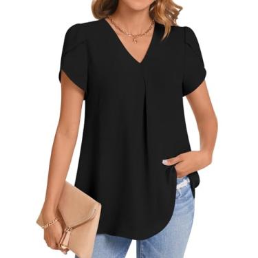 Imagem de COFNEW Blusas femininas de chiffon elegantes de verão, camisetas de manga curta, gola V, túnica para leggings, 2/Preto, GG