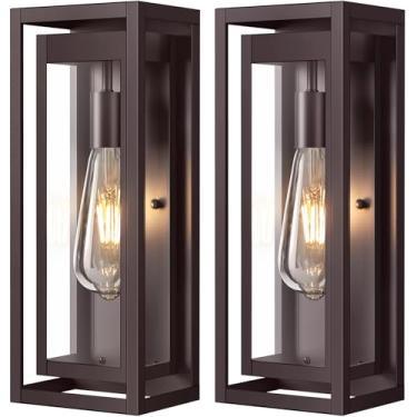 Imagem de Slypadan Luminária externa grande bronze polido a óleo de 38 cm, pacote com 2 arandelas ORB, luzes de parede modernas à prova d'água com sombra de vidro transparente para porta da frente, varanda