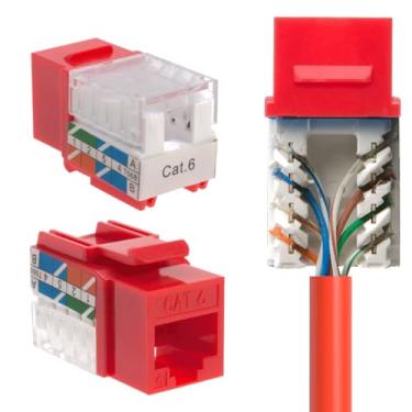 Imagem de SATMAXIMUM Conector de parede Ethernet Cat6 Keystone Punch Down UTP 45 graus (terminação mais fácil do que 90 graus), terminação de velocidade de perfil fino RJ45 vermelho angular de 45° (pacote com