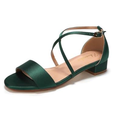 Imagem de Elivandon J1584 Sandália Feminina de Cetim Salto Baixo 3cm Bico Aberto Salto Bloco Sapato para Festa Noite Casamento Cor Verde Escuro,Tamanho BR 39/EU 41