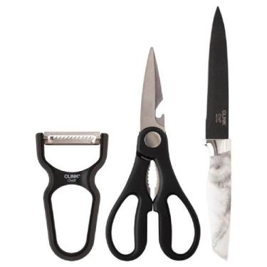Imagem de Kit 3 Peças Tesoura Faca Descascador Cozinha Utensilios Casa - Clink