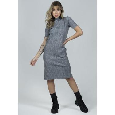 Imagem de Vestido Midi Canelado Feminino Gola Alta Casual - WLS Modas, Cinza, M,