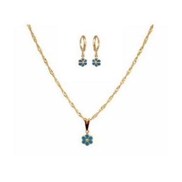 Imagem de Conjunto Infantil Colar Brinco Flor Azul Céu Folheado Ouro - MIXFOLHEA