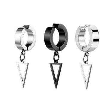 Imagem de 1 par Brinco de Pressão Argola masculino Preto Prata Em Aço Inox triân