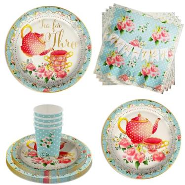 Imagem de Chá para três artigos de festa de 3 anos – conjunto de utensílios de mesa de terceiro aniversário para meninas de 64 peças inclui pratos grandes de jantar de 23 cm e pratos de papel de sobremesa de 18