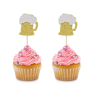 Imagem de 24 peças de topo de cupcake de caneca de cerveja com glitter dourado para chá de bebê, vinho, tema Havaí, festa de casamento, festa de aniversário, tema de bolo, decorações de festa suprimentos