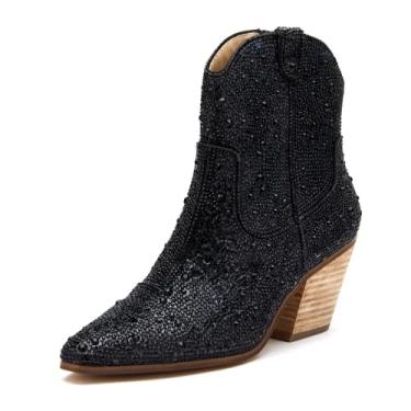 Imagem de Ouepiano Botas femininas de caubói, botas de cano curto, botas de strass ocidentais, bico fino, salto grosso, 5 cm, botas de cowboy curtas para mulheres, meninas, festa, Preto, 7