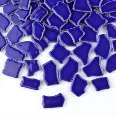Imagem de PINUO&KE 400 g de cerâmica irregular com cola, azulejo de mosaico para adultos, crianças, artesanatos, para uso ao ar livre, banheiro, cozinha, decoração de casa, projetos de arte DIY (azul royal)