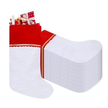 Imagem de Tokforty Pacote com 24 meias de Natal de feltro, 48 cm, enfeites de Natal brancos e vermelhos, meias brancas com acabamento dourado para decorações de Natal em família