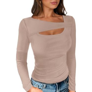 Imagem de ioiohahaun Camisetas femininas recortadas modernas e sexy de manga comprida com nervuras slim fit 2024 outono moda para sair, Damasco, GG