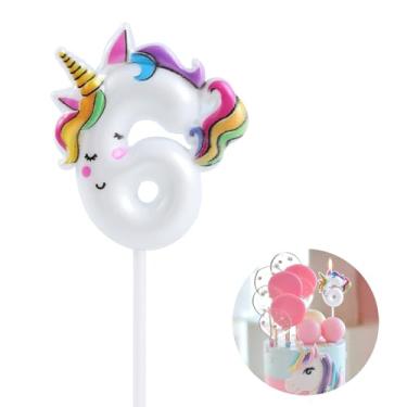 Imagem de EAKE Vela de aniversário de unicórnio 6 topos de bolo de unicórnio para decoração de feliz 6º aniversário, decoração de aniversário de unicórnio, unicórnio dormindo três com cores vivas de arco-íris