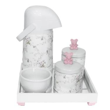 Imagem de Kit Higiene Espelho Potes, Garrafa, Molhadeira e Capa Ursinho Rosa Qua