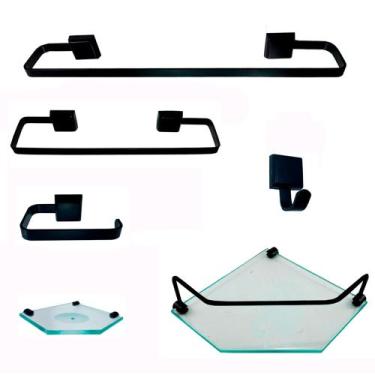 Imagem de Kit Para Banheiro Platinum Luxo Preto Vidro Sextavado Incolor - VSA