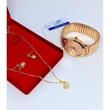 Imagem de Kit Relógio de Pulso Feminino Quartzo Pulseira aço inox elástica analógico + Conjunto Colar e Par de Brincos Folheado