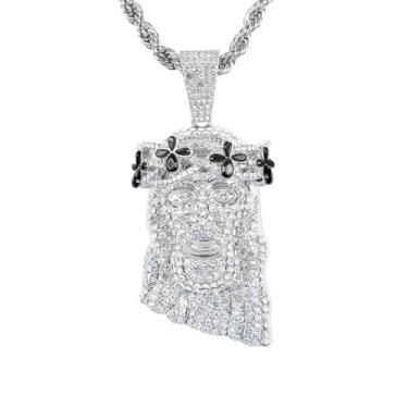 Imagem de ICE STAR Colar masculino com pingente de Jesus com coroa floral congelada com corrente de corda de 61 cm - Joias hip-hop com cristais simulados, 24-INCHES, Zinco, Zircônia cúbica