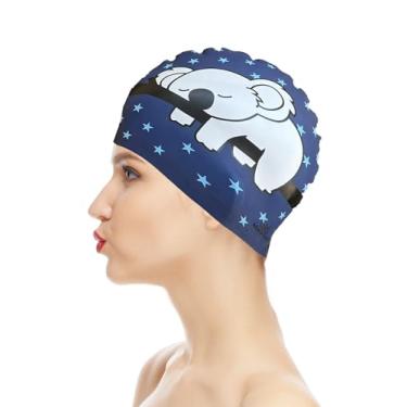 Imagem de Toucas de natação para adultos, touca de banho de silicone protetora de orelha para homens, mulheres com cabelo longo e curto (Blue-SleepKoala-XL)