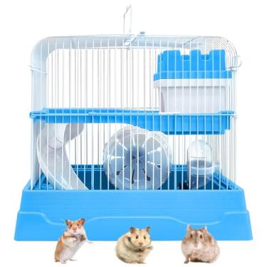 Imagem de PINVNBY Gaiola de hamster anão de 2 níveis, gaiola de mouse portátil para viagem, gaiolas e habitats para animais pequenos com rodas de exercícios para casa do castelo, garrafa de água e prato de