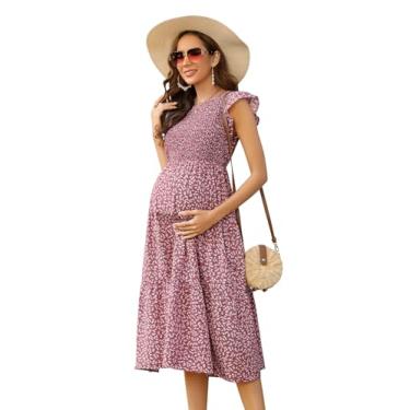 Imagem de FUNJULY Vestido de maternidade feminino casual decote coração plissado vestido evasê estampado formal rodado mini vestidos curtos, Rosa floral #gl, G