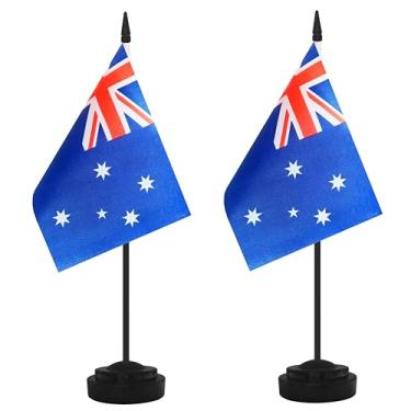 Imagem de Conjunto de 2 bandeiras de mesa da Austrália, mesa australiana, pequena mesa em miniatura, bandeira de escritório com mastro preto de 30 cm e base preta, escritórios, sala de aula, casa, decoração de
