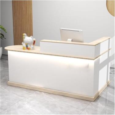 Imagem de Balcão de recepção moderno com luzes e gavetas trancáveis, balcão de caixa em L, mesa de recepção de computador de madeira, mesa de recepção pequena, para escritório de checkout, salão de beleza
