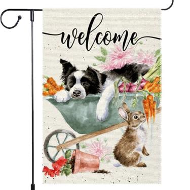 Imagem de Bem-vindo primavera jardim bandeira 30,5 x 45,7 cm serapilheira dupla face cão gato monociclo exterior quintal gramado rústico bandeiras de fazenda decoração