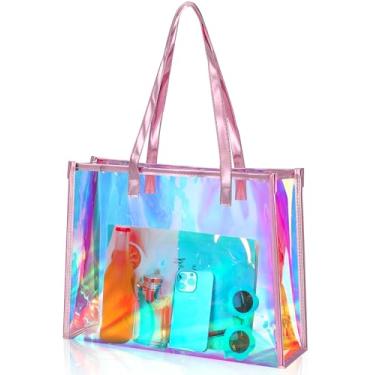 Imagem de Aliceset Sacola holográfica transparente com alça de couro iridescente bolsa de praia de despedida de solteira para viagens de estádio de trabalho, rosa, Large