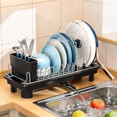Imagem de SanDream Escorredor de louça pequeno, escorredor de pratos compacto para balcão de cozinha com suporte de talheres removível, bico giratório de 360°, escorredor de pratos de aço inoxidável
