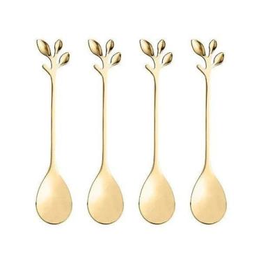 Imagem de Conjunto 4 Colheres Flor Aço Inox para Café / Chá Dourado Ouro - Decor