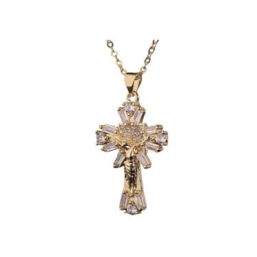 Imagem de Crucifixo Feminino Banhado com Zircônias "Jesus Cristo" 45cm Semijoia Fé, Proteção e Estilo – Acompanha Bolsa de Veludo