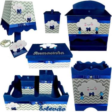 Imagem de Kit Higiene bebê Mdf menino 8 pçs - CHUVA DE AMOR AZUL MARINHO CHEVRON